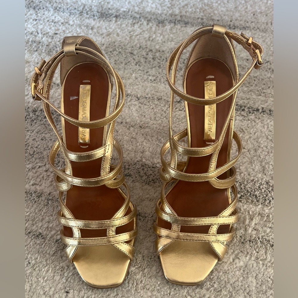 BCBGMAXAZRIA Gold Leather Shoes High Heels Ankle Dress Shoes Gold Strappy 7.5 4”
